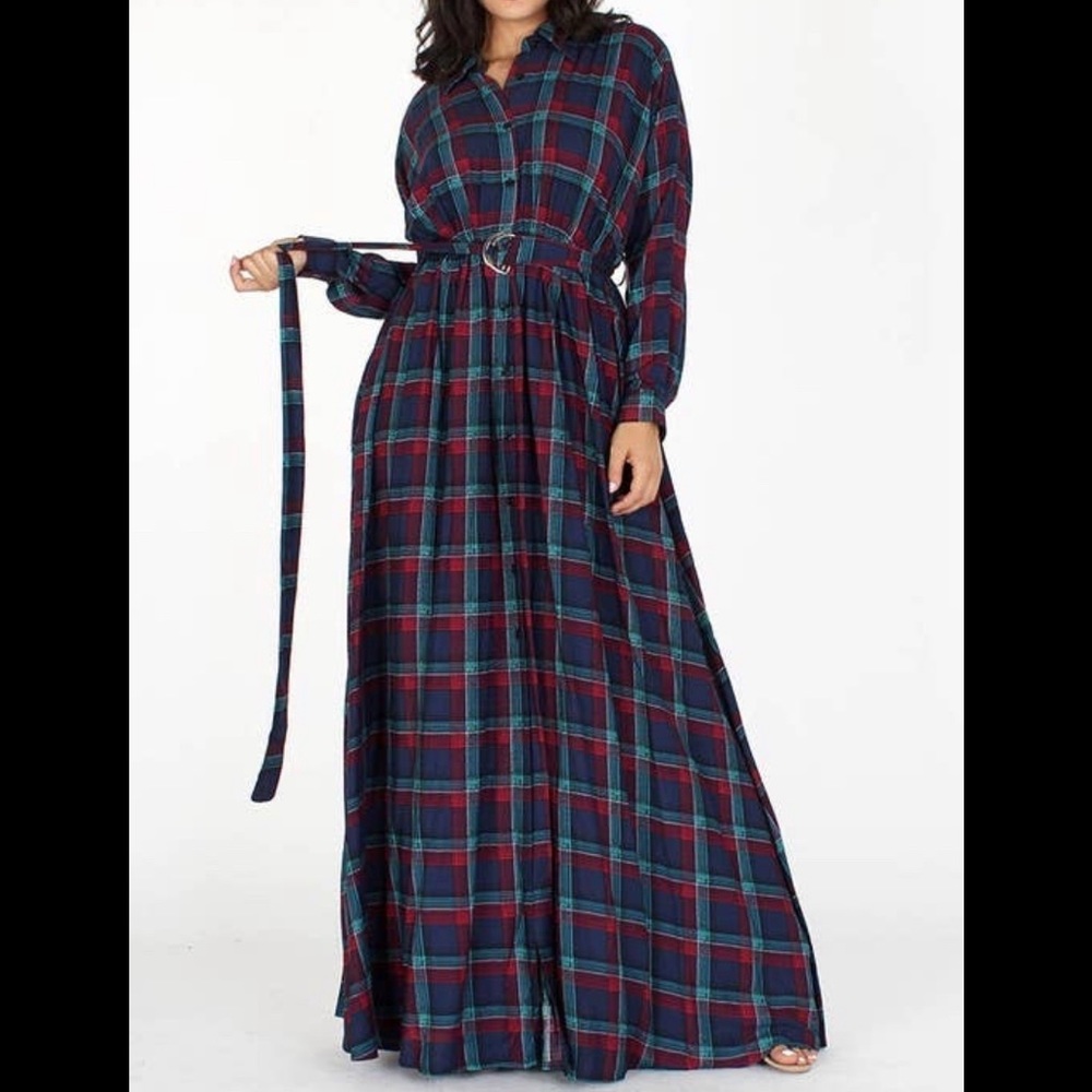 Plaid Maxi Dress, loose fit, with belt/pockets